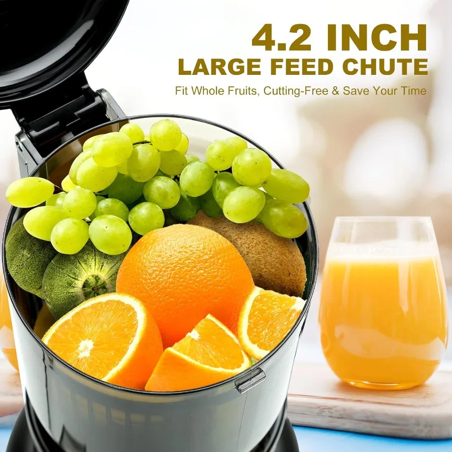 Cold press juicer with 4.2inch large feed chute for whole fruits and vegetables slow juicing extraction machine with 250W
Cold press juicer with 4.2inch large feed chute for whole fruits and vegetables slow juicing extraction machine with 250W