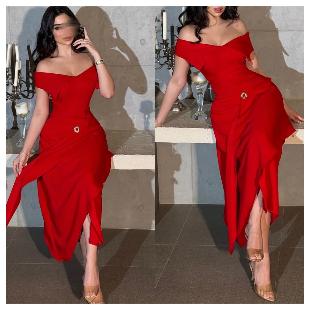 Customized Formal Red Jersey Evening Dress Fashion Boat Neck Off The Shoulder Sleeveless Party Dress Temperament Celeb
Customized Formal Red Jersey Evening Dress Fashion Boat Neck Off The Shoulder Sleeveless Party Dress Temperament Celeb