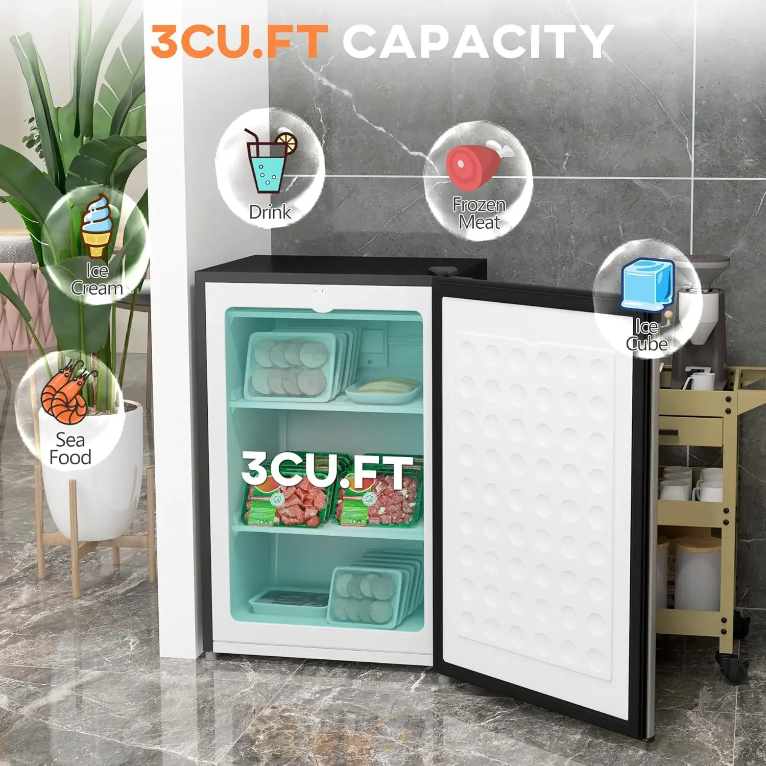 Mini Freezer Countertop, 3 Cu.Ft Compact Upright Freezer with Removable Shelves, Reversible Door for Home, Dorm, Apartment
Mini Freezer Countertop, 3 Cu.Ft Compact Upright Freezer with Removable Shelves, Reversible Door for Home, Dorm, Apartment