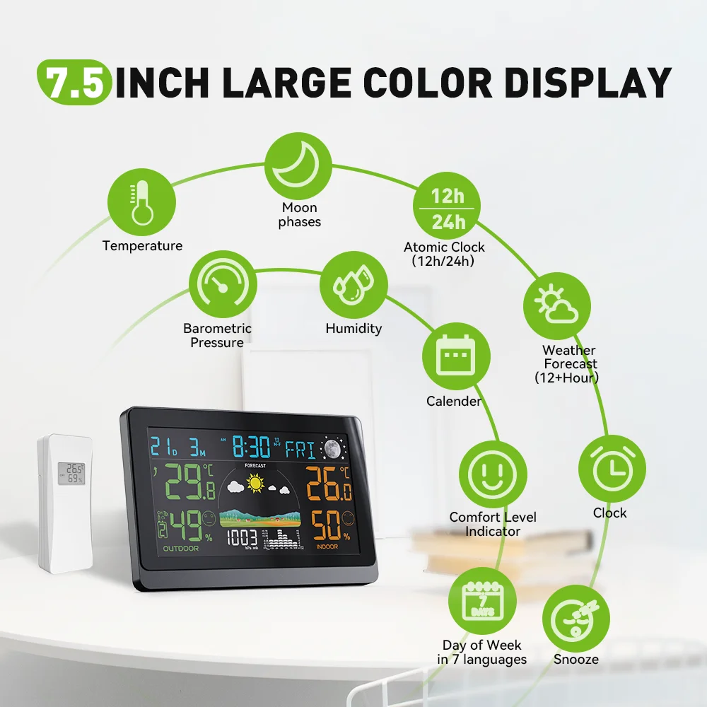 7,5 "ЖК-беспроводная метеостанция DCF, будильник, календарь, цифровой домашний термогигрометр, барометр, 100 м, датчик прогноза-40 ℃
7,5 "ЖК-беспроводная метеостанция DCF, будильник, календарь, цифровой домашний термогигрометр, барометр, 100 м, датчик прогноза-40 ℃