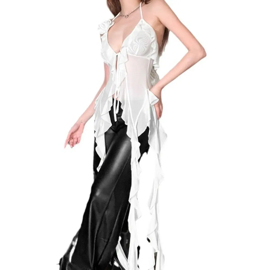 Summer New Women's Sexy Backless Strap Gauze Net Vest European American Style Neck Hanging Slim-fit Solid Color
Summer New Women's Sexy Backless Strap Gauze Net Vest European American Style Neck Hanging Slim-fit Solid Color