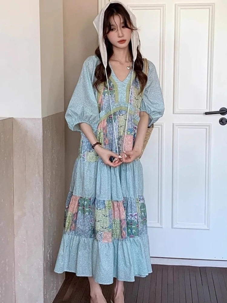 Bohemian Style Dresses Contrast Color Patchwork Floral V Neck Puff Sleeve Long Dress Summer Vintage Casual Loose Women Clothing
Bohemian Style Dresses Contrast Color Patchwork Floral V Neck Puff Sleeve Long Dress Summer Vintage Casual Loose Women Clothing
