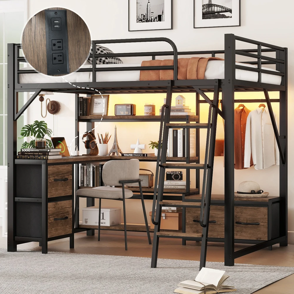 Full Size Loft Bed with Desk and Light, Metal Loft Bed with Storage Shelves, Wardrobe and Drawers
Full Size Loft Bed with Desk and Light, Metal Loft Bed with Storage Shelves, Wardrobe and Drawers
