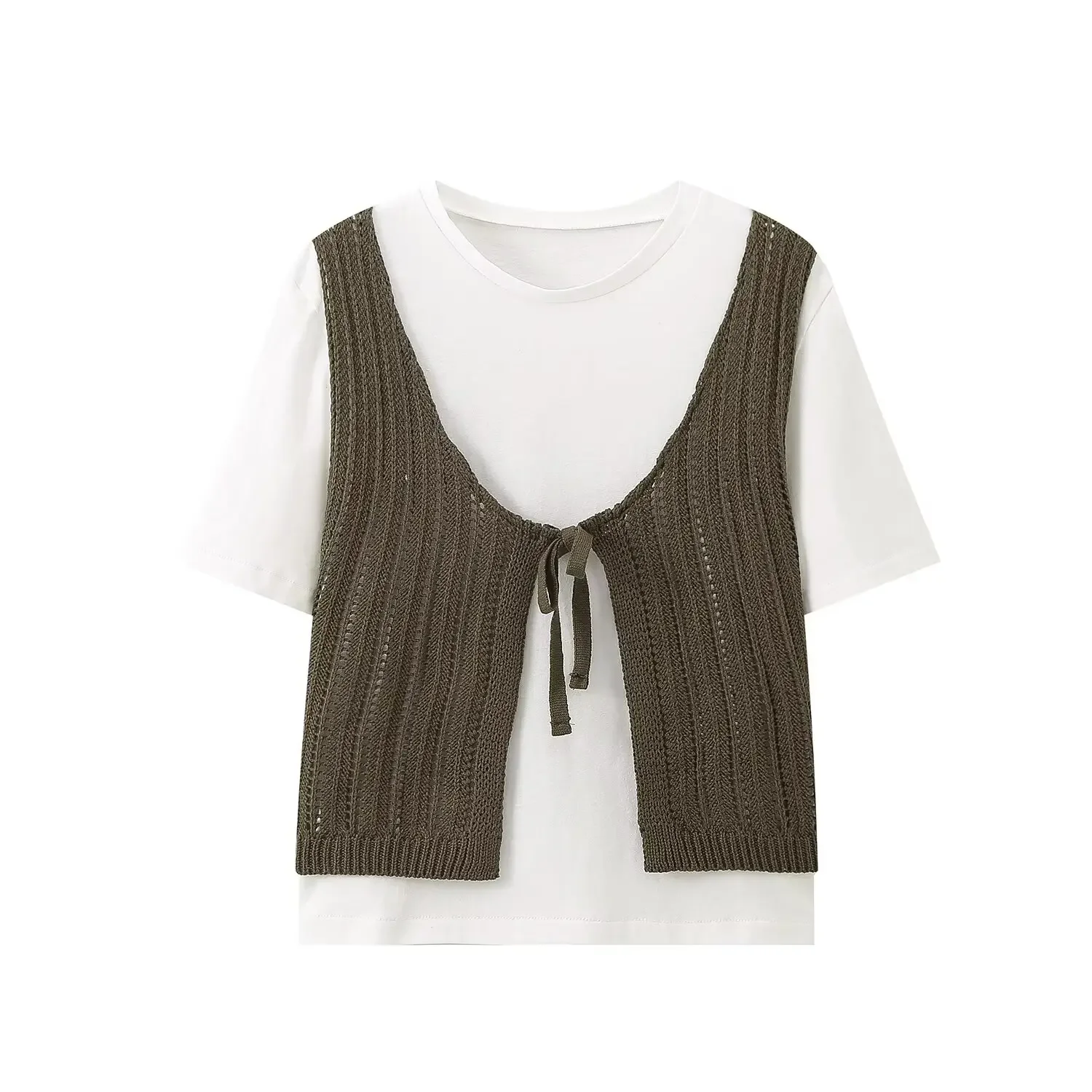 Women's new fashion bow decoration casual patchwork vest style T-shirt top retro O Neck short sleeved women's pullover chic top
Women's new fashion bow decoration casual patchwork vest style T-shirt top retro O Neck short sleeved women's pullover chic top