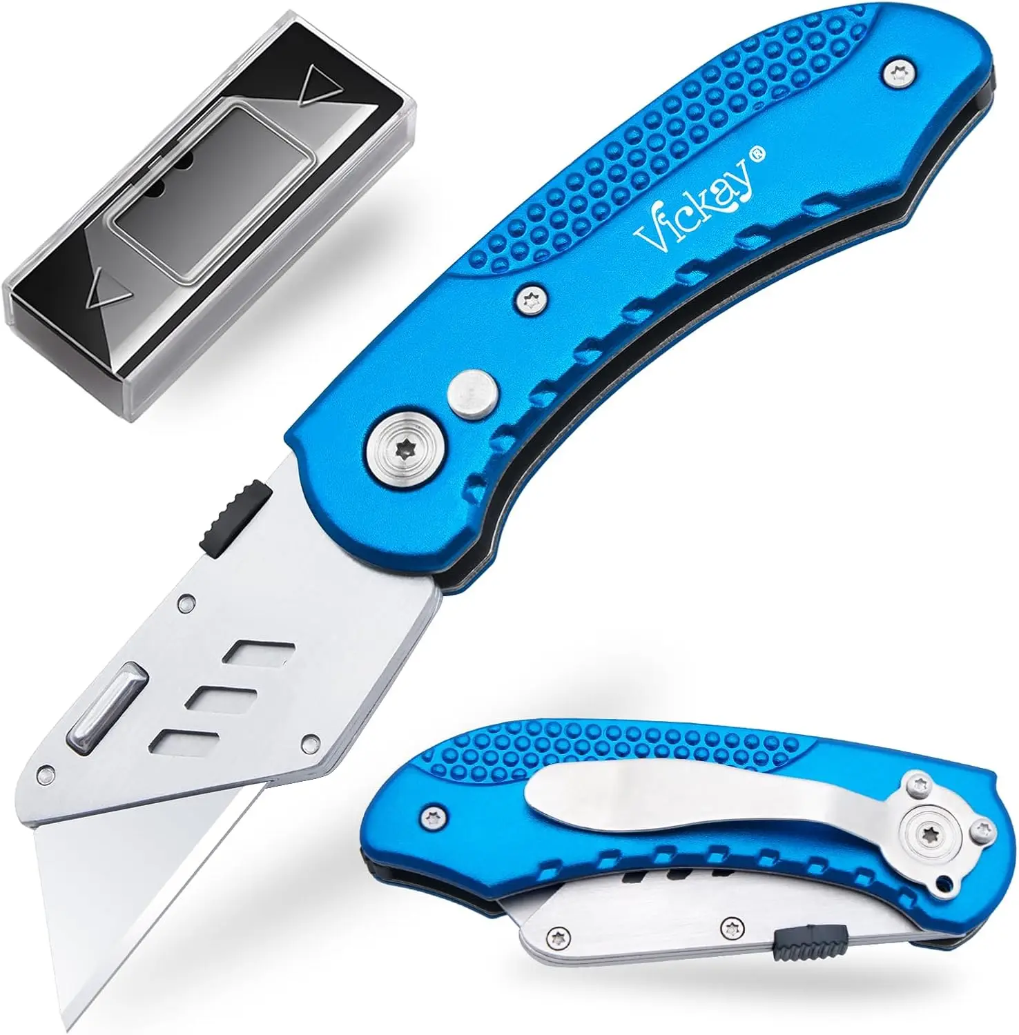 Heavy Duty Folding Utility Knife with 5 Quick Change Blades, Safety Lock, Lightweight Aluminum Body and Belt Clip
Heavy Duty Folding Utility Knife with 5 Quick Change Blades, Safety Lock, Lightweight Aluminum Body and Belt Clip