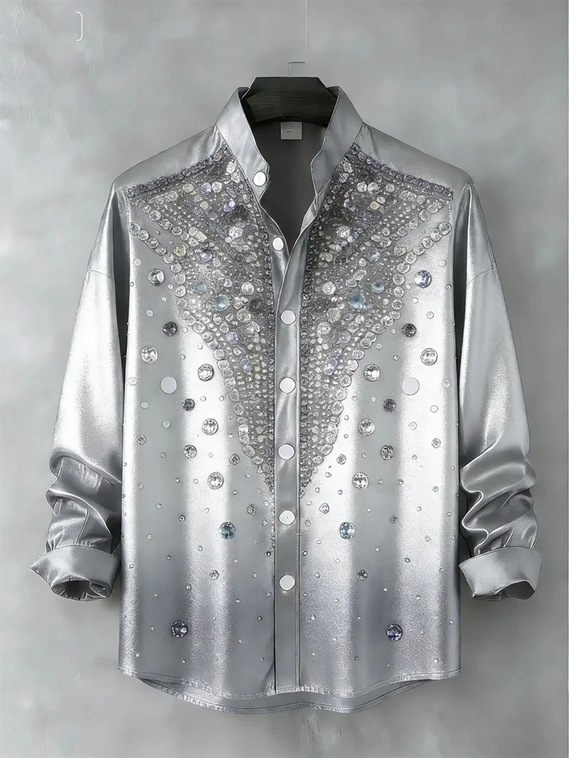 Men's silver satin shirt, 3D printed with diamond pattern, men's comfortable party long sleeved stand up collar shirt
Men's silver satin shirt, 3D printed with diamond pattern, men's comfortable party long sleeved stand up collar shirt