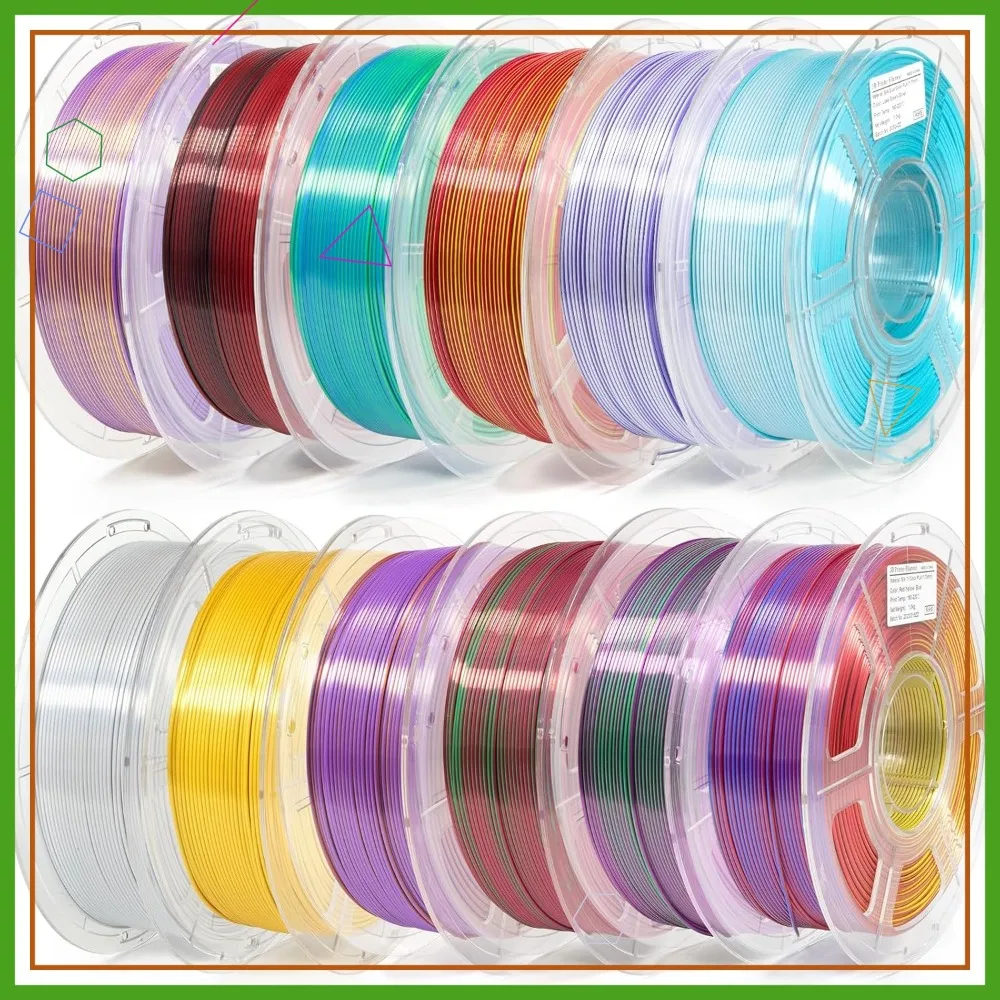 12 Rolls Dual & Triple Color Silk PLA Filament 1.75mm, 6 Dual + 6 Triple Color for Multicolor 3D Printing
12 Rolls Dual & Triple Color Silk PLA Filament 1.75mm, 6 Dual + 6 Triple Color for Multicolor 3D Printing