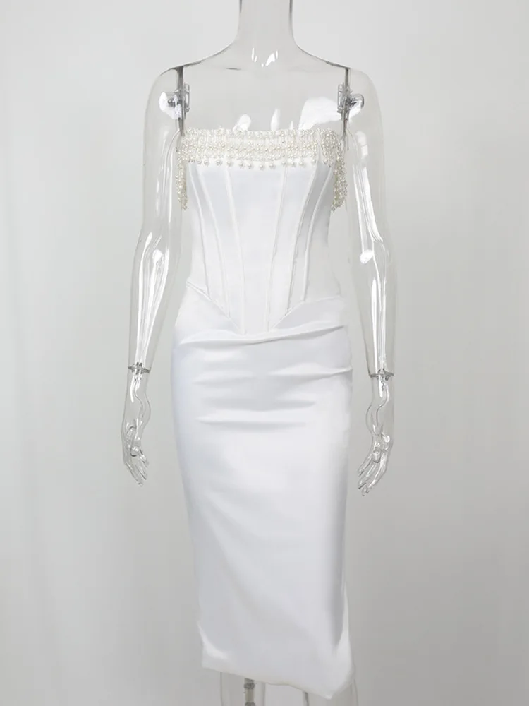 Solid Color Sexy Sleeveless Beading Strapless Fishbone Top Knee Length Dress White Black 
Solid Color Sexy Sleeveless Beading Strapless Fishbone Top Knee Length Dress White Black