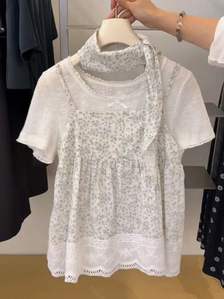 Sweet Floral Lace Short Sleeve T-Shirt Set Women's Summer Fashion Top with Sash Two-Piece Set Korean Style Casual Outfit
Sweet Floral Lace Short Sleeve T-Shirt Set Women's Summer Fashion Top with Sash Two-Piece Set Korean Style Casual Outfit