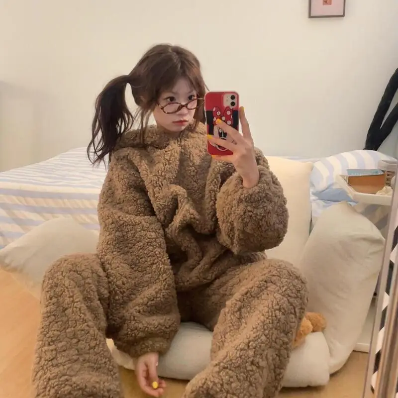 Пижамы для девочек, домашняя одежда, кавайная женская фланелевая одежда с капюшоном из мультфильма кораллового флиса, осенне-зимняя утолщенная носимая верхняя одежда на флисовой подкладке