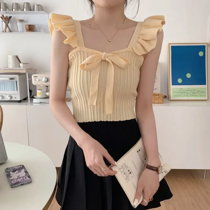 Ruffle Short Sleeve Tops Slim Fit Rib Knit Summer Bowknot Front Knitted Casual Blouse Solid Color Top Casual Blouse 2025 New 
Ruffle Short Sleeve Tops Slim Fit Rib Knit Summer Bowknot Front Knitted Casual Blouse Solid Color Top Casual Blouse 2025 New