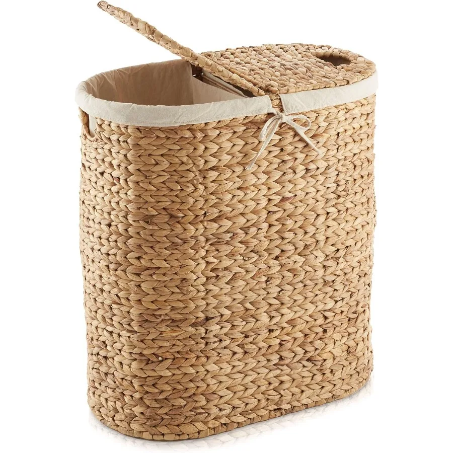 Oval Laundry Hamper with Lids and Removable Liner Bags for Home Use Natural Woven Water Hyacinth 2Section Laundry Basket Sorter
Oval Laundry Hamper with Lids and Removable Liner Bags for Home Use Natural Woven Water Hyacinth 2Section Laundry Basket Sorter