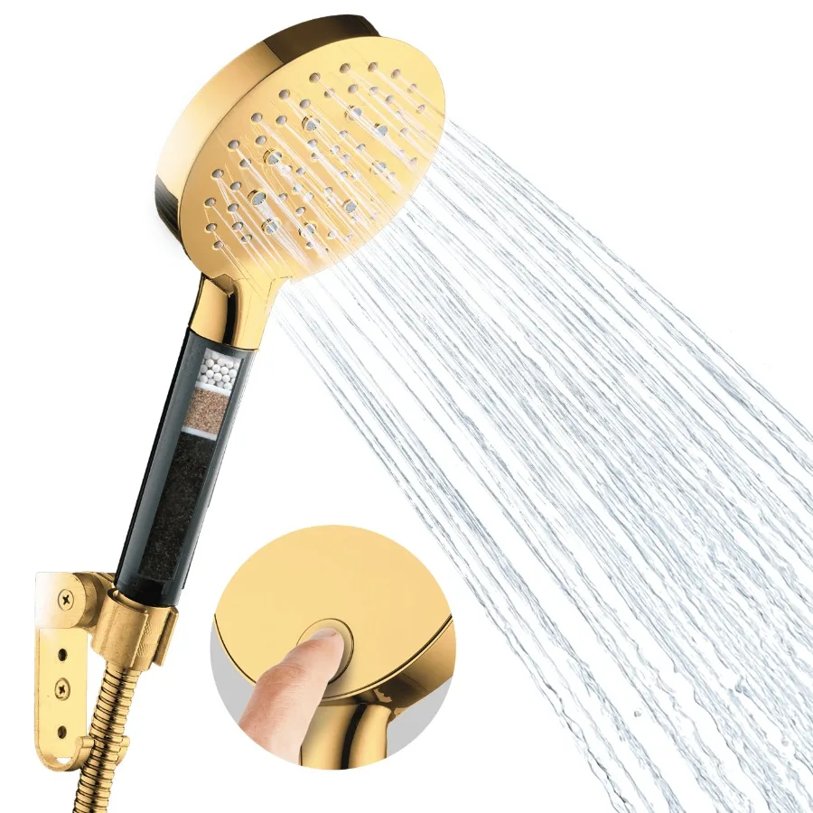 Handheld Shower Head w 3 Spray Settings Water Filter and Stainless Steel Hose Gold
Handheld Shower Head w 3 Spray Settings Water Filter and Stainless Steel Hose Gold
