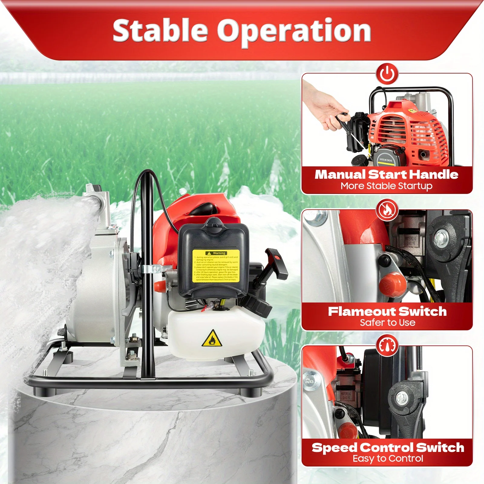 Gasoline Engine Water Pump with 2HP 43cc 2-Stroke Engine and 1in Inlet/Outlet, 14.57x10.82x12.6 Inch, 18.41lbs 8m³/h Flow 98.4ft Head for Agricultural Irrigation Aquaculture
Gasoline Engine Water Pump with 2HP 43cc 2-Stroke Engine and 1in Inlet/Outlet, 14.57x10.82x12.6 Inch, 18.41lbs 8m³/h Flow 98.4ft Head for Agricultural Irrigation Aquaculture