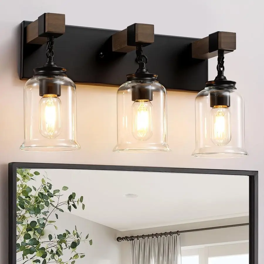 Bathroom Light Fixtures, 3 Light Bathroom Vanity Light, Black Industrial Style with Clear Glass Shades, Wood Bathroom Lighting F
Bathroom Light Fixtures, 3 Light Bathroom Vanity Light, Black Industrial Style with Clear Glass Shades, Wood Bathroom Lighting F