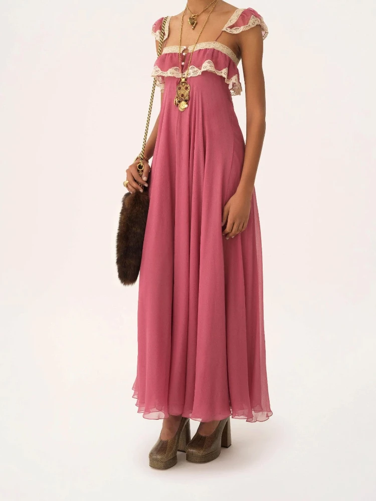 French Flying Sleeve Lace Trim Button Spliced Dress Vestidos High Waist Pink Beach Vacation Long Skirt Casual Svel Slim Fit
French Flying Sleeve Lace Trim Button Spliced Dress Vestidos High Waist Pink Beach Vacation Long Skirt Casual Svel Slim Fit