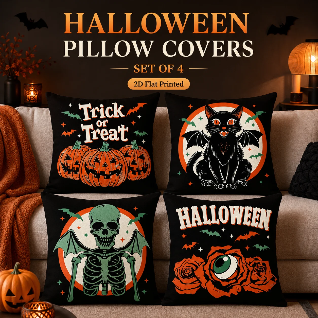 Set Of 4 Peach Skin 2D Flat Printed Halloween Cushion Covers Coussin Black Cat Skeleton Sofa Chair Room Decor Party Pillowcase
Set Of 4 Peach Skin 2D Flat Printed Halloween Cushion Covers Coussin Black Cat Skeleton Sofa Chair Room Decor Party Pillowcase