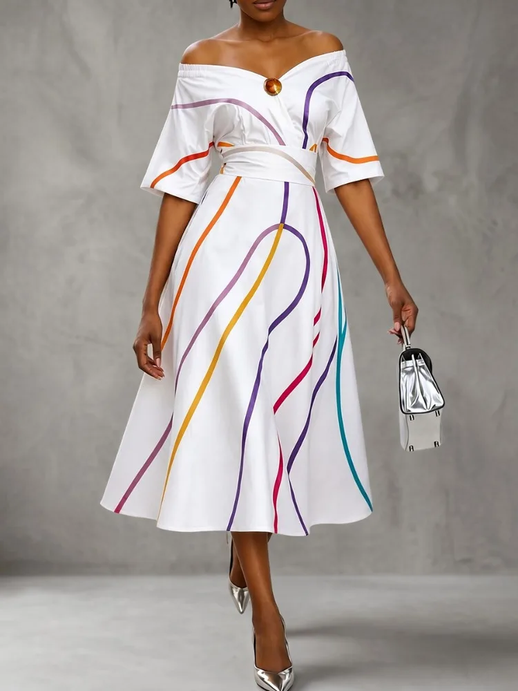 Yeezzi Women's Off Shoulder Color Line Printed Midi Dresses Half Sleeves High Waisted Elegant Office Cocktail Party A-line Dress
Yeezzi Women's Off Shoulder Color Line Printed Midi Dresses Half Sleeves High Waisted Elegant Office Cocktail Party A-line Dress