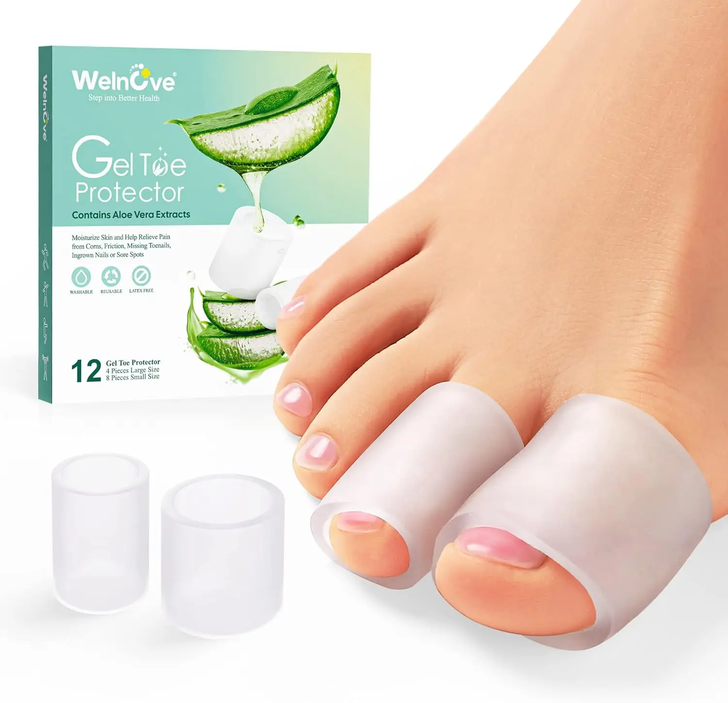 12-Pack Aloe Vera Silicone Toe Sleeves for Hammer Toes, Corns, Calluses - Soft Gel Protector Cushions
12-Pack Aloe Vera Silicone Toe Sleeves for Hammer Toes, Corns, Calluses - Soft Gel Protector Cushions