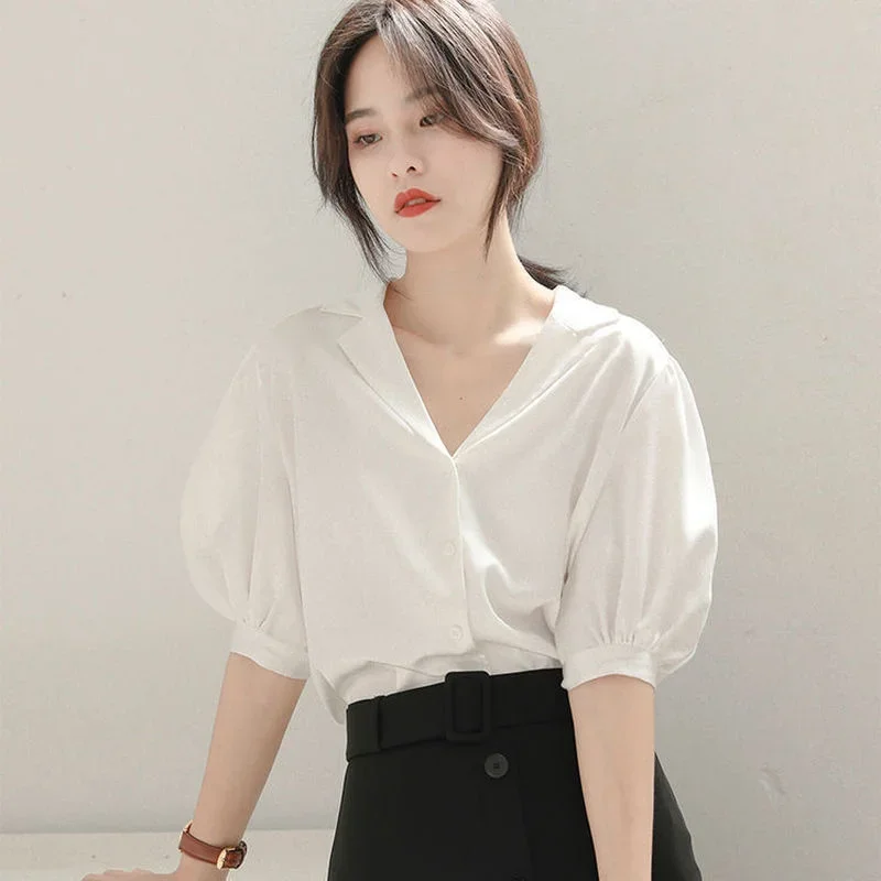Белые рубашки с пышными рукавами, женские простые базовые универсальные повседневные офисные женские элегантные нежные шифоновые рубашки с v-образным вырезом, корейские модные майки 
Белые рубашки с пышными рукавами, женские простые базовые универсальные повседневные офисные женские элегантные нежные шифоновые рубашки с v-образным вырезом, корейские модные майки
