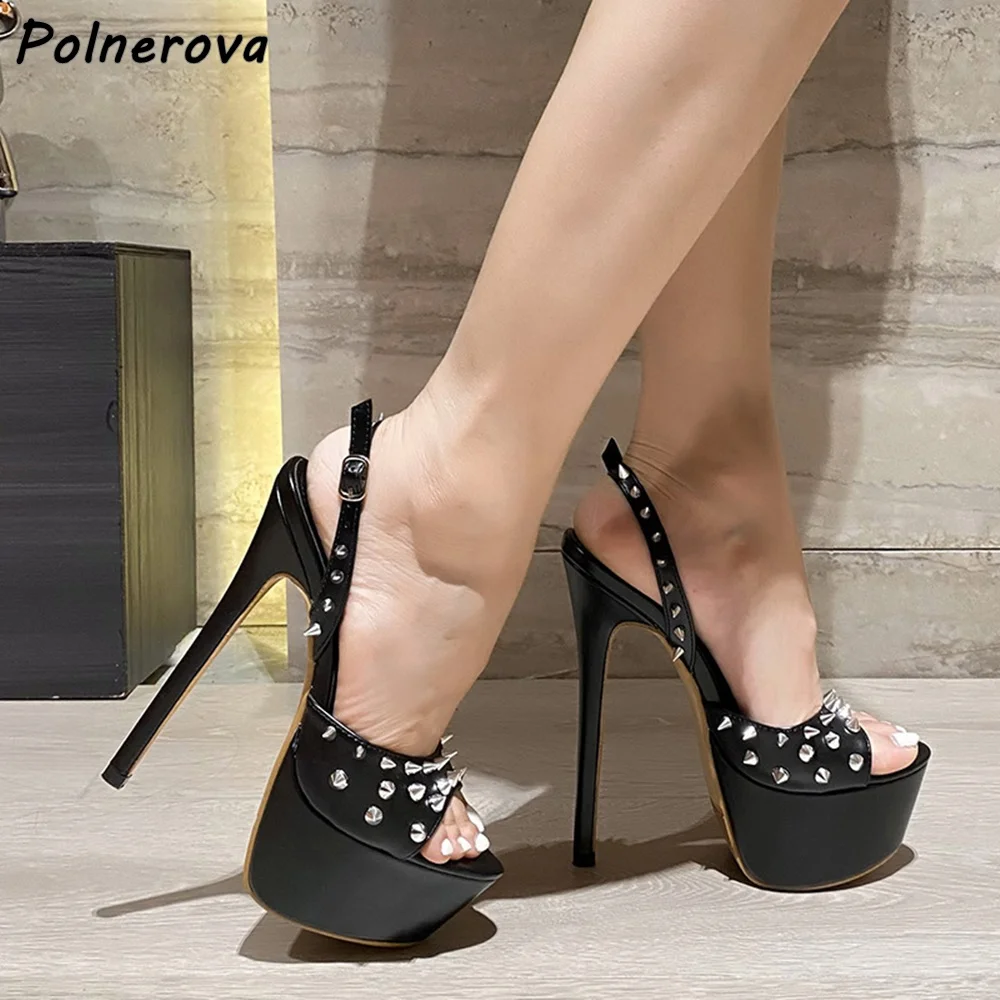 Черные сандалии на платформе с заклепками, однотонные розовые пикантные модные туфли на высоком каблуке с открытым носком 2025, женские туфли на шпильке с открытой пяткой 
Черные сандалии на платформе с заклепками, однотонные розовые пикантные модные туфли на высоком каблуке с открытым носком 2025, женские туфли на шпильке с открытой пяткой