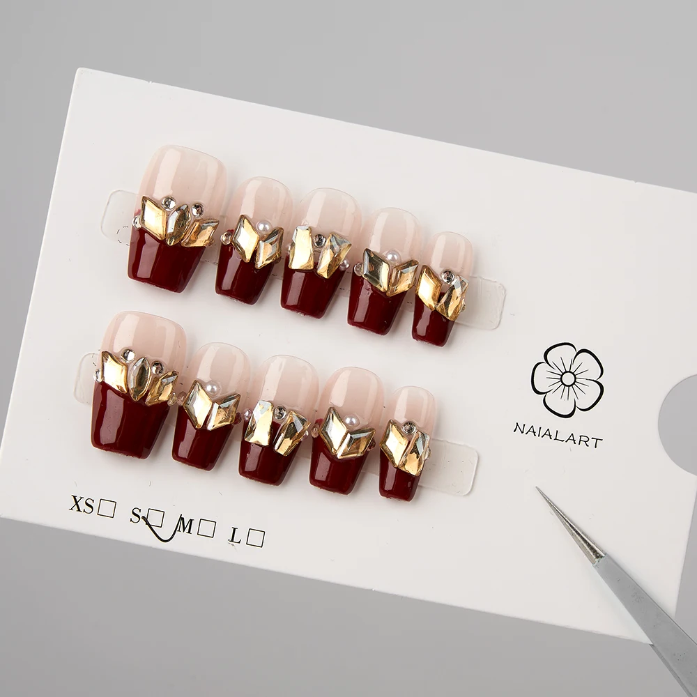 10pcs Handmade Press on Nails Wine Red French Glittering Champagne Diamonds False Nail for Women&Girl Removable Wearable Nail
10pcs Handmade Press on Nails Wine Red French Glittering Champagne Diamonds False Nail for Women&Girl Removable Wearable Nail