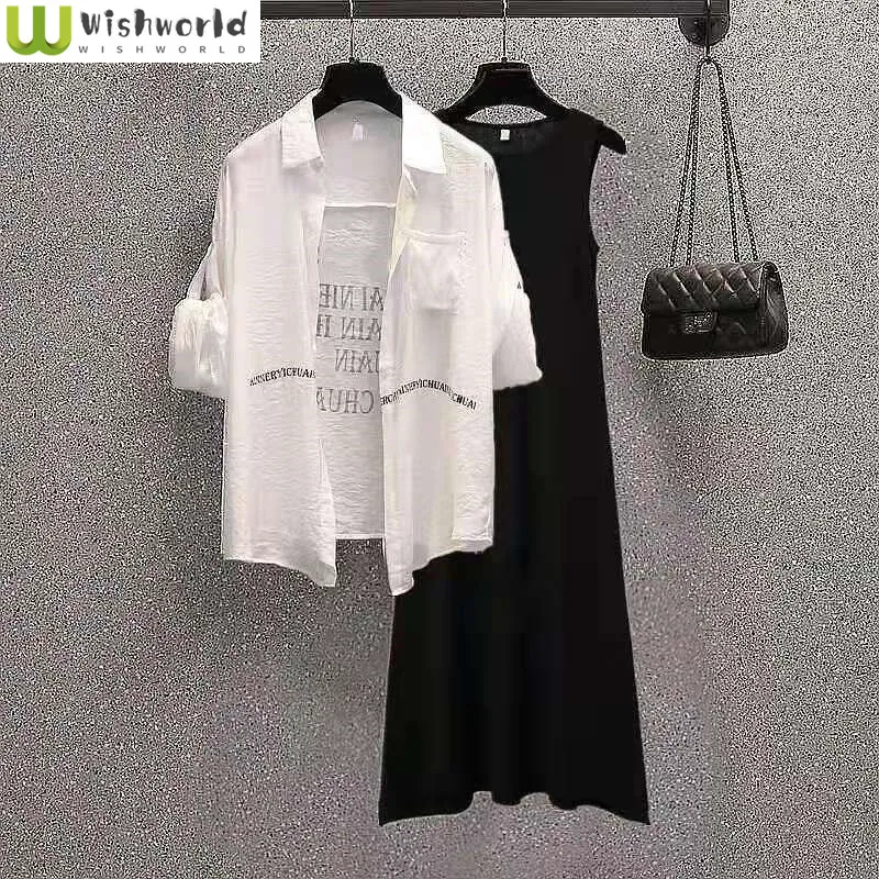 Spring/Summer Women's Set Korean Chiffon Sunscreen Shirt Top+Black Suspender Dress Age Reducing Two Piece Set
Spring/Summer Women's Set Korean Chiffon Sunscreen Shirt Top+Black Suspender Dress Age Reducing Two Piece Set