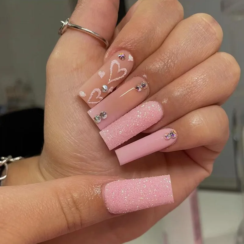 3D fake nails set press on faux ongles long french coffin tips pink heart with glitter diamond designs DIY manicure false nails
3D fake nails set press on faux ongles long french coffin tips pink heart with glitter diamond designs DIY manicure false nails