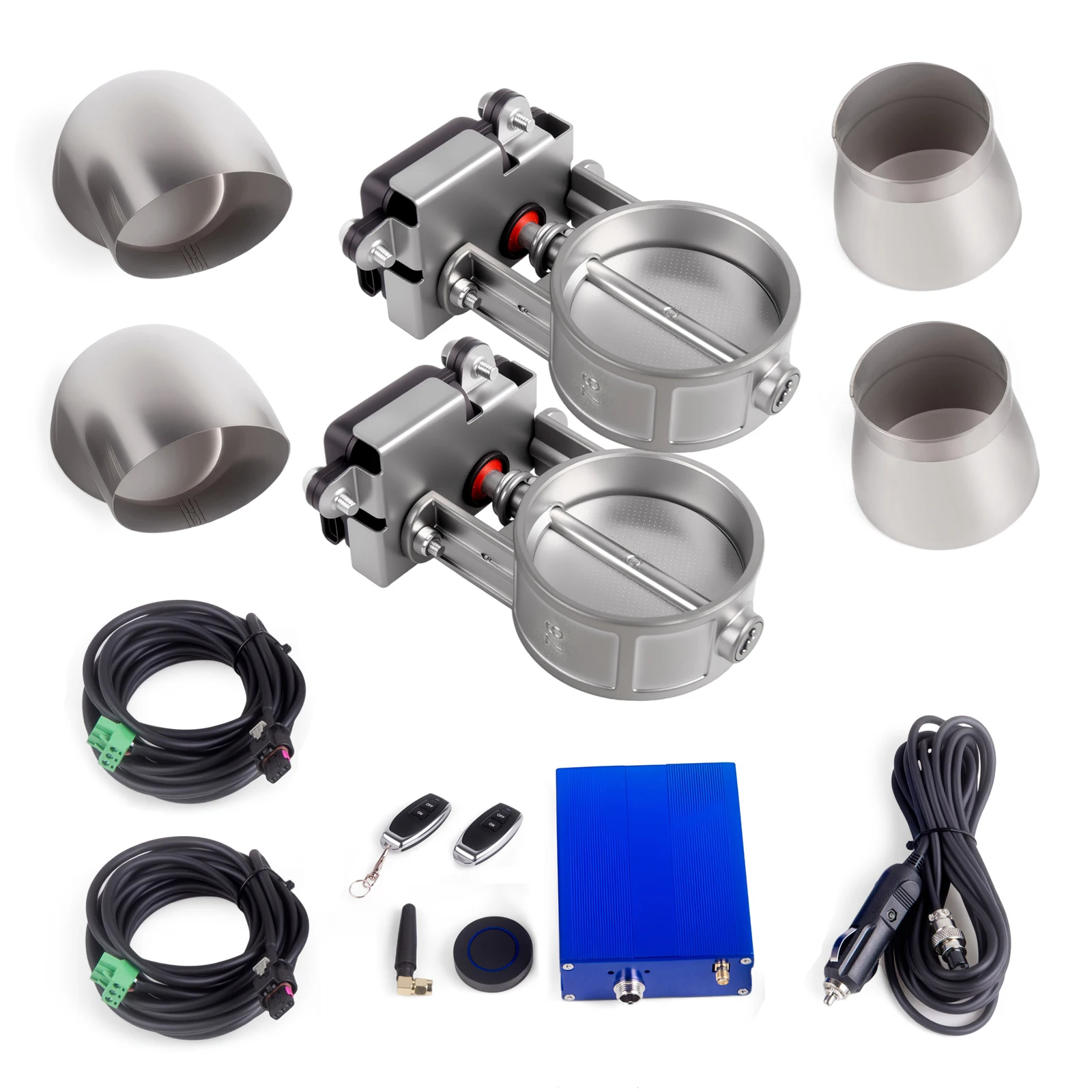 Electric Exhaust Control Valve Dual Set With Remote ontrol Reducing pipe and elbow pipe For 2"/2.5"/3" Pipe
Electric Exhaust Control Valve Dual Set With Remote ontrol Reducing pipe and elbow pipe For 2"/2.5"/3" Pipe