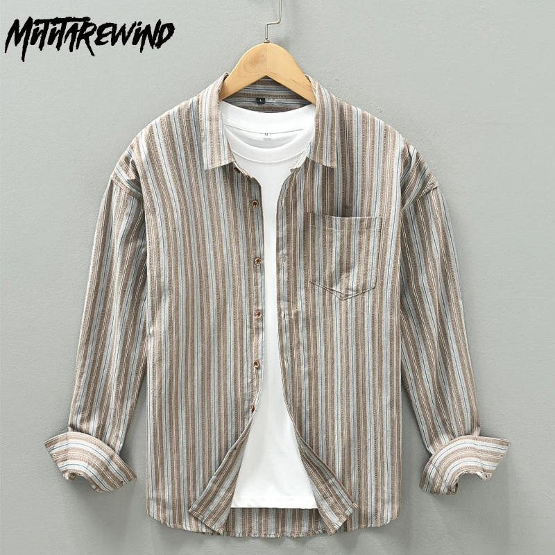 Light Coffee Striped Shirt for Men Spring Autumn Full Sleeve Casual Shirt Loose Pocket Button Up Shirt Men Vintage Clothes Tops
Light Coffee Striped Shirt for Men Spring Autumn Full Sleeve Casual Shirt Loose Pocket Button Up Shirt Men Vintage Clothes Tops