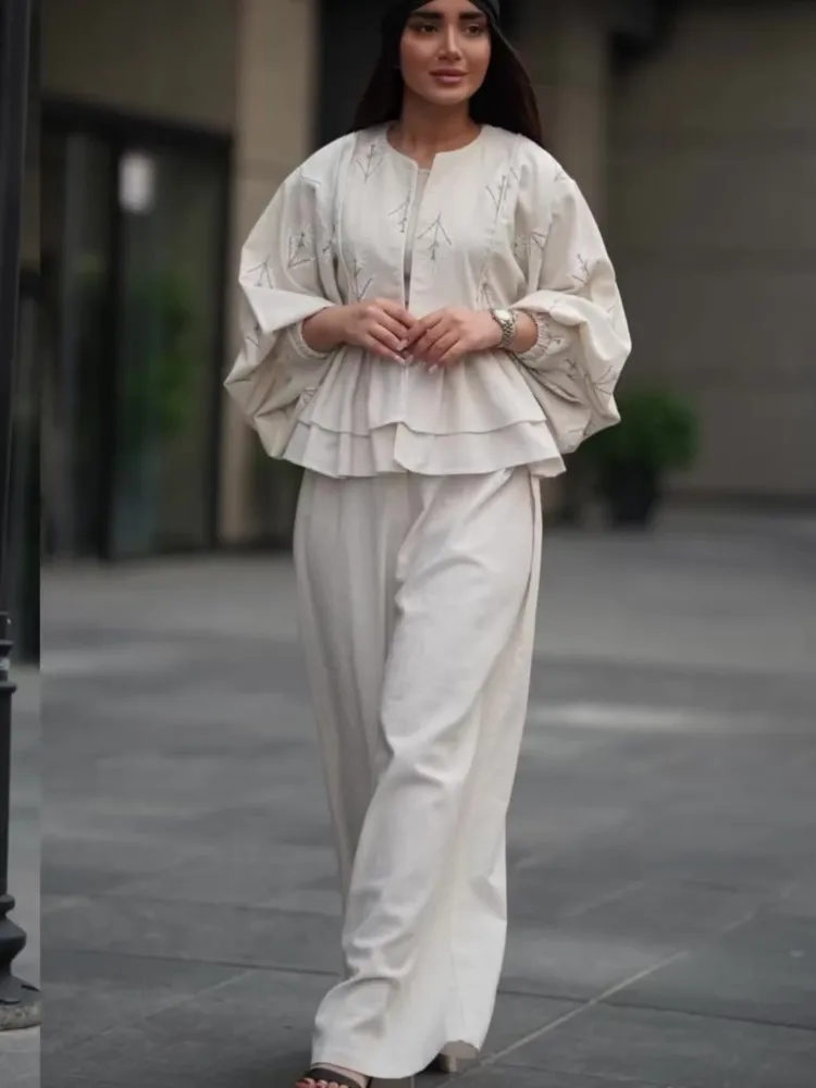 Lantern Sleeve Shirts And Wide Leg Pant Set Plant Embroidery Ruffle Top+Long Trouser Summer Outfits 2025 New Chic vacation Suit
Lantern Sleeve Shirts And Wide Leg Pant Set Plant Embroidery Ruffle Top+Long Trouser Summer Outfits 2025 New Chic vacation Suit