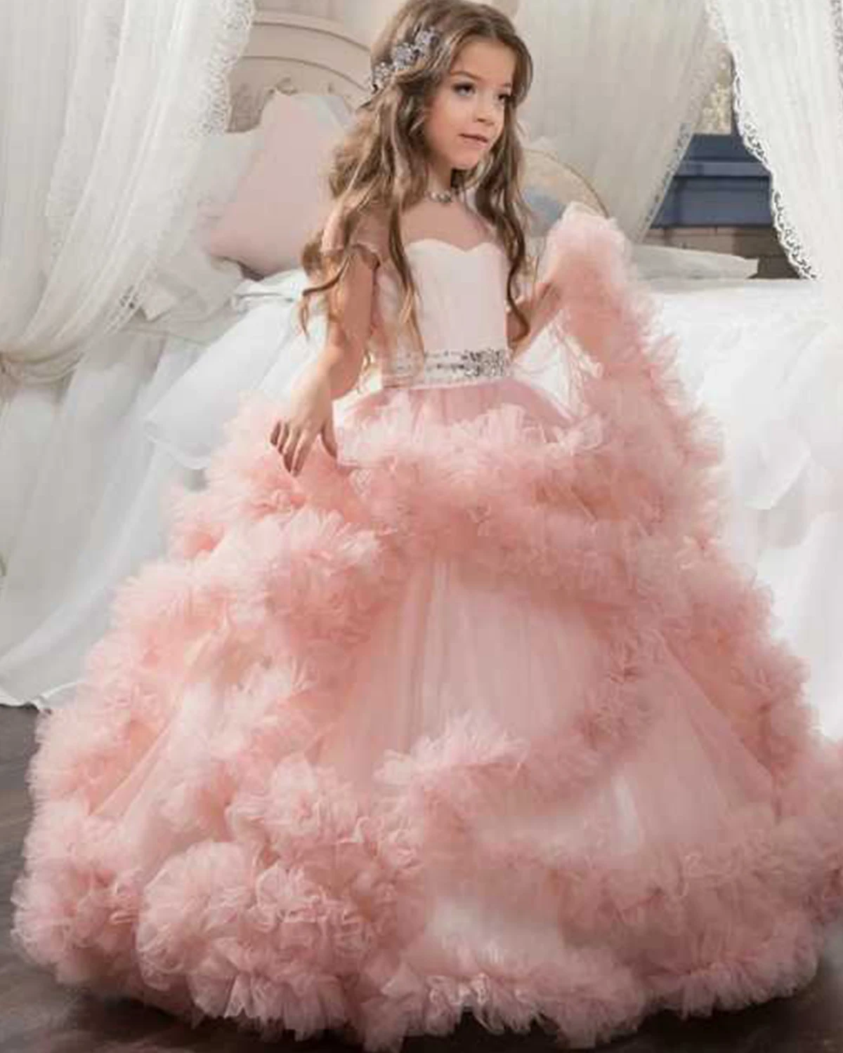 Girls Blush Pink Cap Sleeve Illusion Back Sweetheart Neckline Ruffled Tulle Flower Girl Dress With Large Back Bow For Wedding Party
Girls Blush Pink Cap Sleeve Illusion Back Sweetheart Neckline Ruffled Tulle Flower Girl Dress With Large Back Bow For Wedding Party