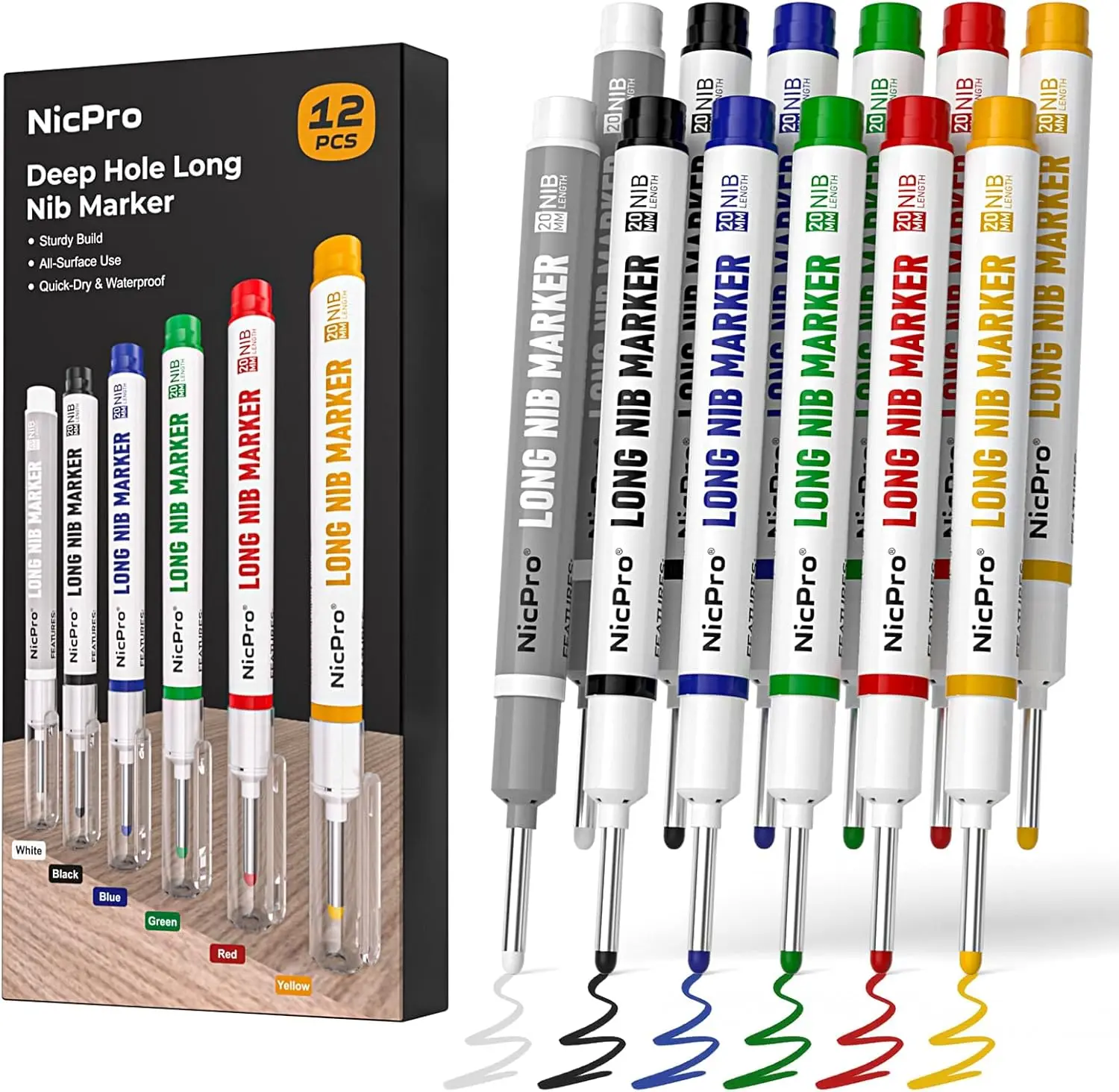 12 PCS Long Nib Marker Pens, 20mm Deep Hole Markers, Quick Dry & Waterproof, for Metal, Steel, Tile, Glass, Woodworking
12 PCS Long Nib Marker Pens, 20mm Deep Hole Markers, Quick Dry & Waterproof, for Metal, Steel, Tile, Glass, Woodworking