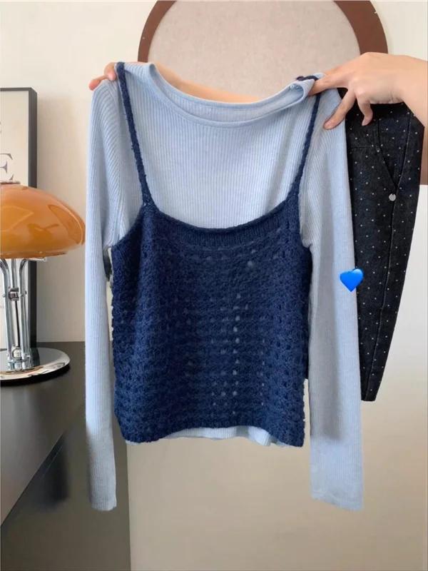 Women's Hollow out Knitted Tank Top And Base Shirt Two Piece Set Fashionable Korean Style Slim Fit Long Sleeve Top
Women's Hollow out Knitted Tank Top And Base Shirt Two Piece Set Fashionable Korean Style Slim Fit Long Sleeve Top