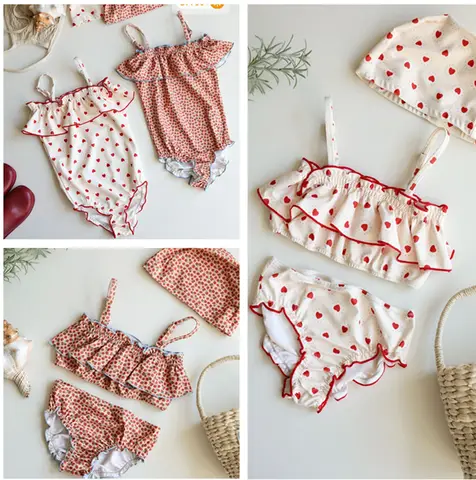 2025 nouvelles filles maillot de bain coeur imprimé à volants Bikinis ensemble enfants maillot de bain maillot de bain enfant fille Banadores