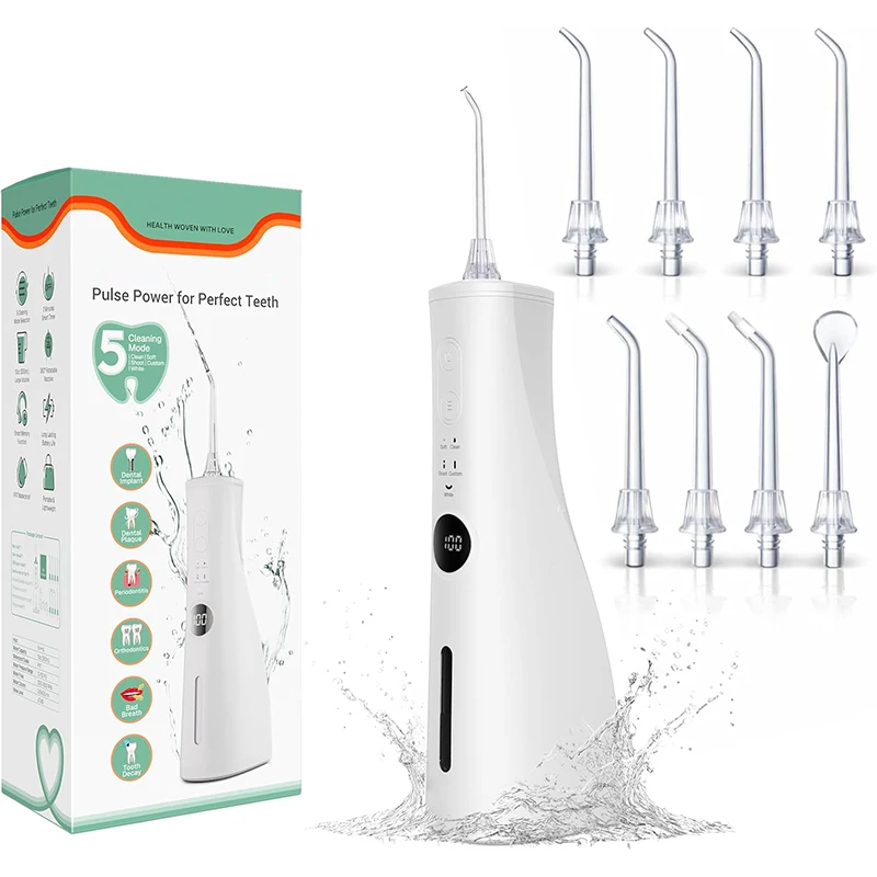 Household Cordless Rechargeable Waterproof 5 Cleaning Modes 8 Jet Tips Oral Irrigator Water Dental Flossers
Household Cordless Rechargeable Waterproof 5 Cleaning Modes 8 Jet Tips Oral Irrigator Water Dental Flossers