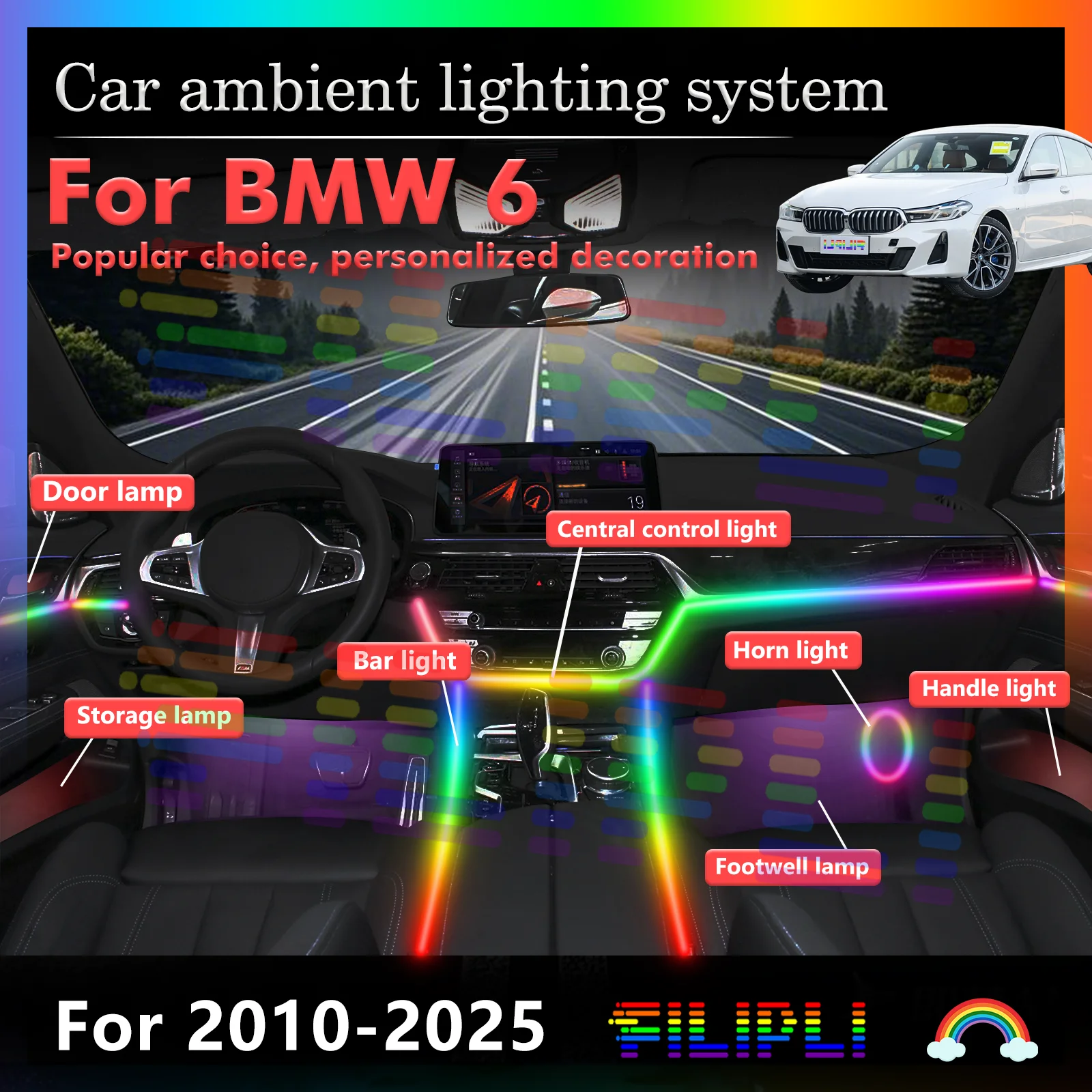 For BMW 6 Series RGB 64 Colors LED Smart Remote Control Car Interior Ambient Light Energy Saving Efficient Lamp Set
For BMW 6 Series RGB 64 Colors LED Smart Remote Control Car Interior Ambient Light Energy Saving Efficient Lamp Set