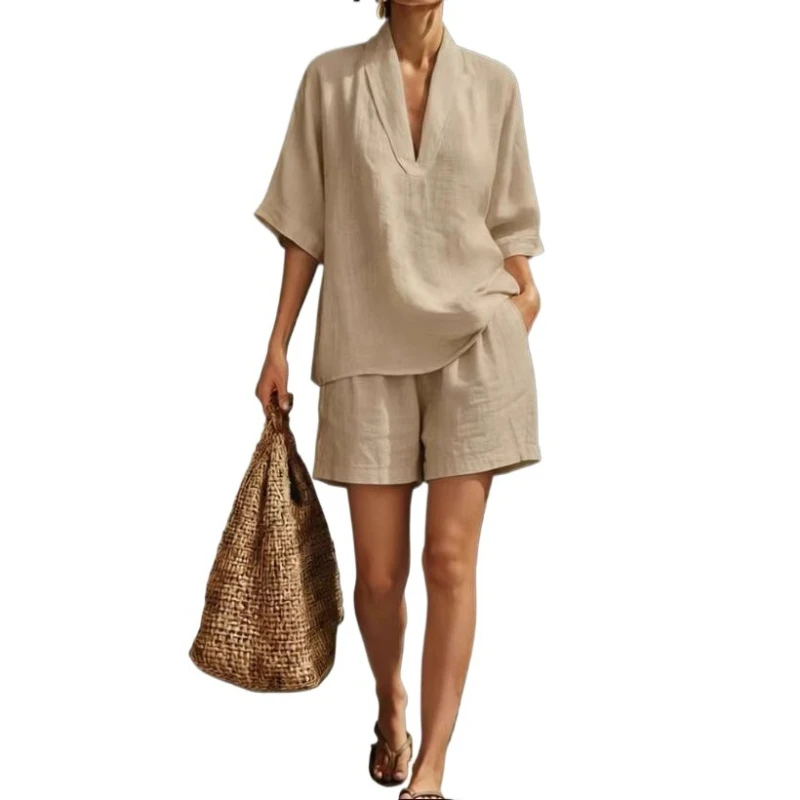 Solid color V-neck cotton linen short sleeved shorts fashion casual suit for women
Solid color V-neck cotton linen short sleeved shorts fashion casual suit for women