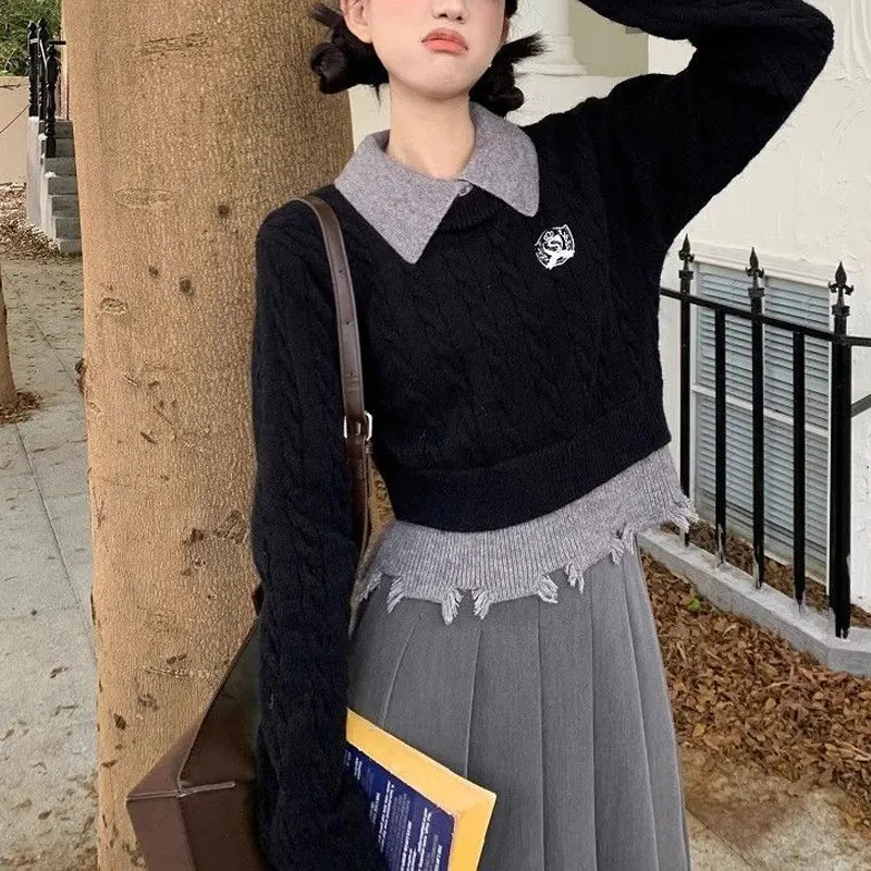Preppy Style Polo-Neck Sweaters Female Clothing Slim Fake Two Pieces Autumn Winter Patchwork Fashion Hole Badge Knitted Jumpers
Preppy Style Polo-Neck Sweaters Female Clothing Slim Fake Two Pieces Autumn Winter Patchwork Fashion Hole Badge Knitted Jumpers