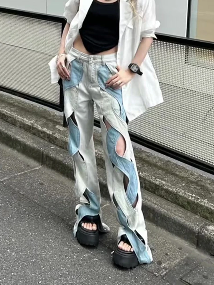 Женские джинсы с высокой талией, вырезами и цветными вставками, свободные, прямого кроя, широкие штанины, осенняя мода, оригинальный дизайн
Женские джинсы с высокой талией, вырезами и цветными вставками, свободные, прямого кроя, широкие штанины, осенняя мода, оригинальный дизайн