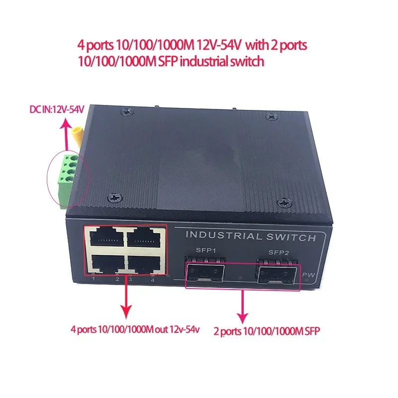 4 ports 10/100/1000M 12V-54V with 2 ports10/100/1000M SFP Ethernet industrial swith
4 ports 10/100/1000M 12V-54V with 2 ports10/100/1000M SFP Ethernet industrial swith