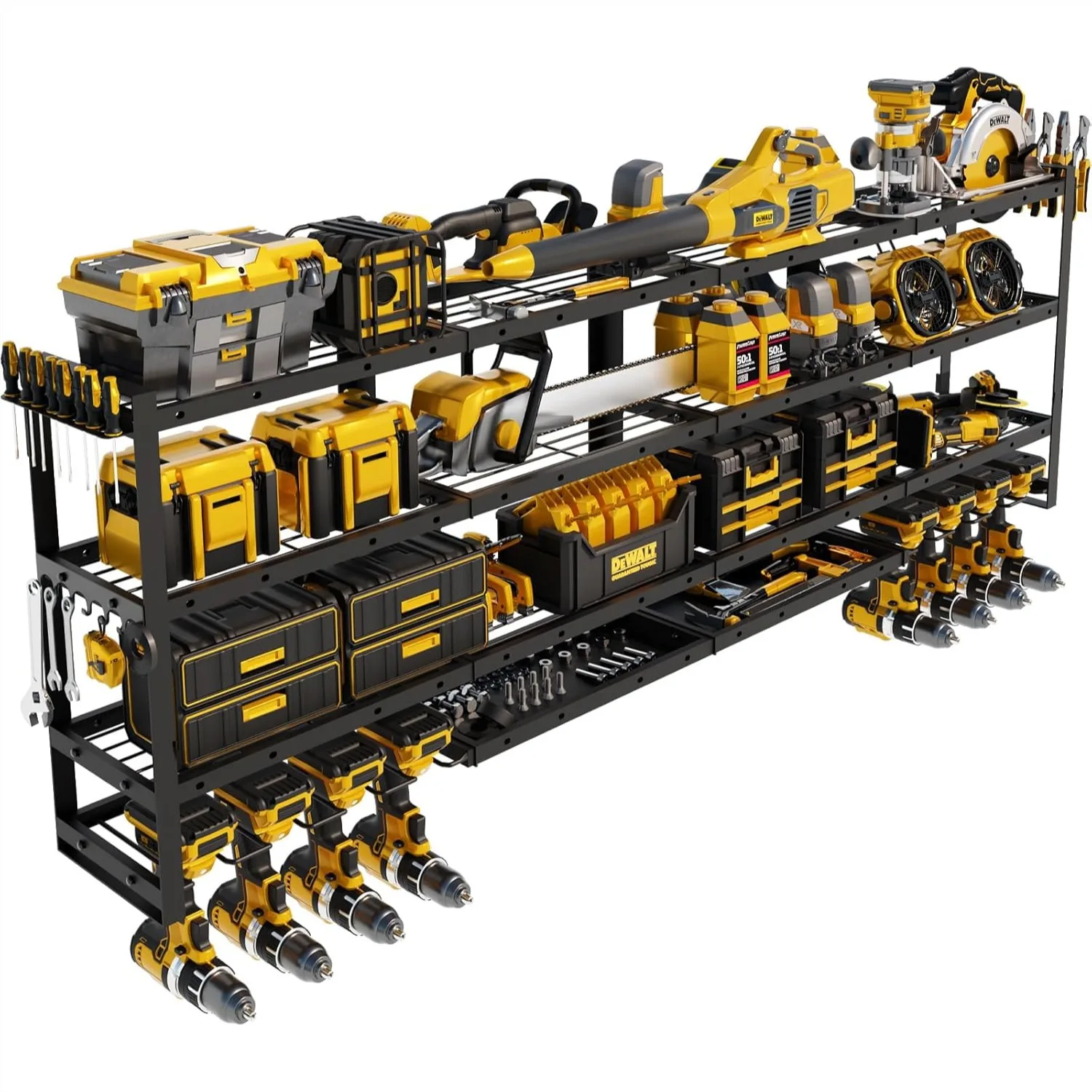 64"W Power Tool Organizer Wall Mount, 620lbs Garage Storage Rack with 8 Cordless Drill Holder, 4-Tier Heavy Duty Utility Shelf
64"W Power Tool Organizer Wall Mount, 620lbs Garage Storage Rack with 8 Cordless Drill Holder, 4-Tier Heavy Duty Utility Shelf