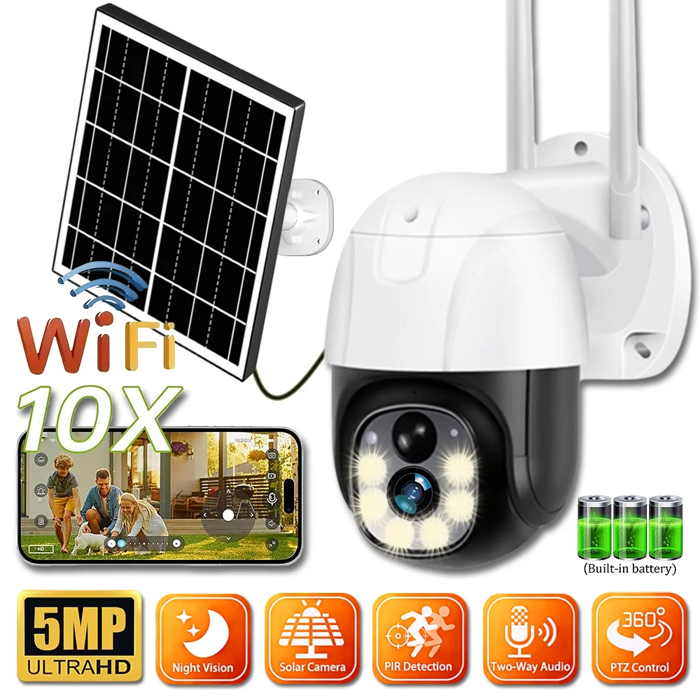 5MP WiFi Solar Camera Built-in Battery PIR Motion Detection Tracking Outdoor PTZ Smart Security IP Surveillance Camera V380 Pro
5MP WiFi Solar Camera Built-in Battery PIR Motion Detection Tracking Outdoor PTZ Smart Security IP Surveillance Camera V380 Pro