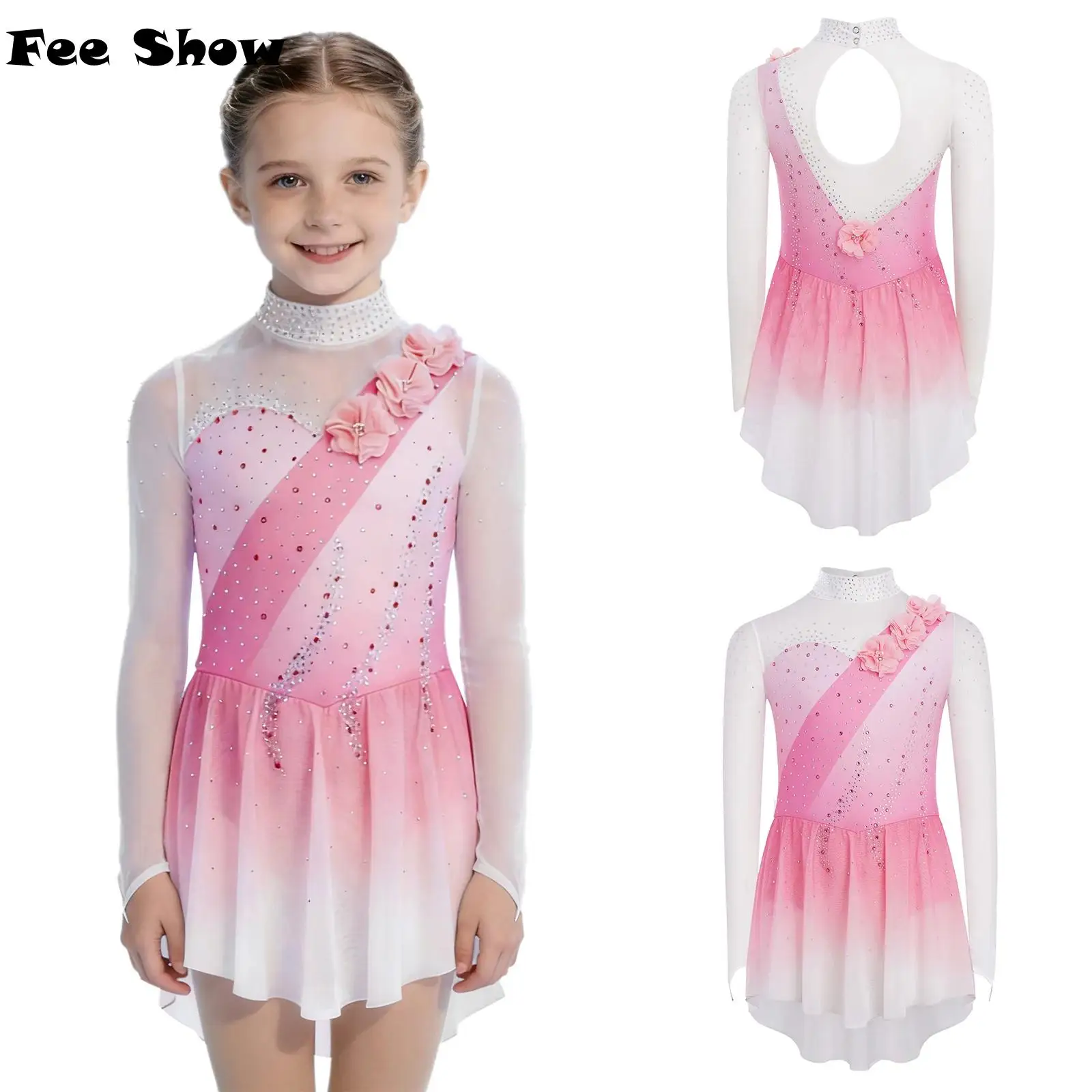 Костюм для фигурного катания для девочек: платье с высоким воротом, вырезом на спине, прозрачными сетчатыми длинными рукавами, 3D-цветами, стразами и градиентным цветом
Костюм для фигурного катания для девочек: платье с высоким воротом, вырезом на спине, прозрачными сетчатыми длинными рукавами, 3D-цветами, стразами и градиентным цветом