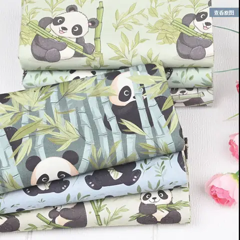 Plain 100% Cotton Fabric with Cute Panda Bamboo Print, Handmade DIY Bag Garment Shirt Dress, Sewing Tissue, CR-1810