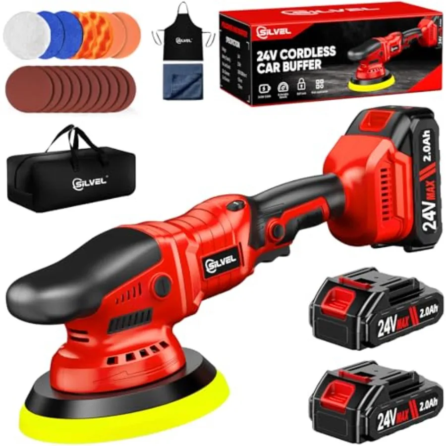 Car detailing cordless buffer polisher with 24V dual 2000mAh batteries 5-inch pad 6-speed variable control 2800-5800 RPM black
Car detailing cordless buffer polisher with 24V dual 2000mAh batteries 5-inch pad 6-speed variable control 2800-5800 RPM black