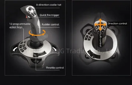 Game aircraft joystick; used for computer-simulated fighter jet flight; game control joystick.
Game aircraft joystick; used for computer-simulated fighter jet flight; game control joystick.