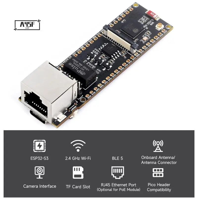 A45F-ESP32-S3-POE-ETH ESP32-S3 Ethernet Development Board Support Poe Dual-Core Wi-Fi And Bluetooth Wireless USB Type-C Port
A45F-ESP32-S3-POE-ETH ESP32-S3 Ethernet Development Board Support Poe Dual-Core Wi-Fi And Bluetooth Wireless USB Type-C Port