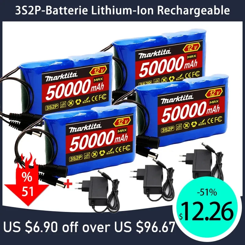 18650 3S2P 12V 50000mah Original DC 12.6V 50Ah Rechargeable CCTV, Lithium Ion Battery Camera Monitor Replacement Battery + Charg
18650 3S2P 12V 50000mah Original DC 12.6V 50Ah Rechargeable CCTV, Lithium Ion Battery Camera Monitor Replacement Battery + Charg