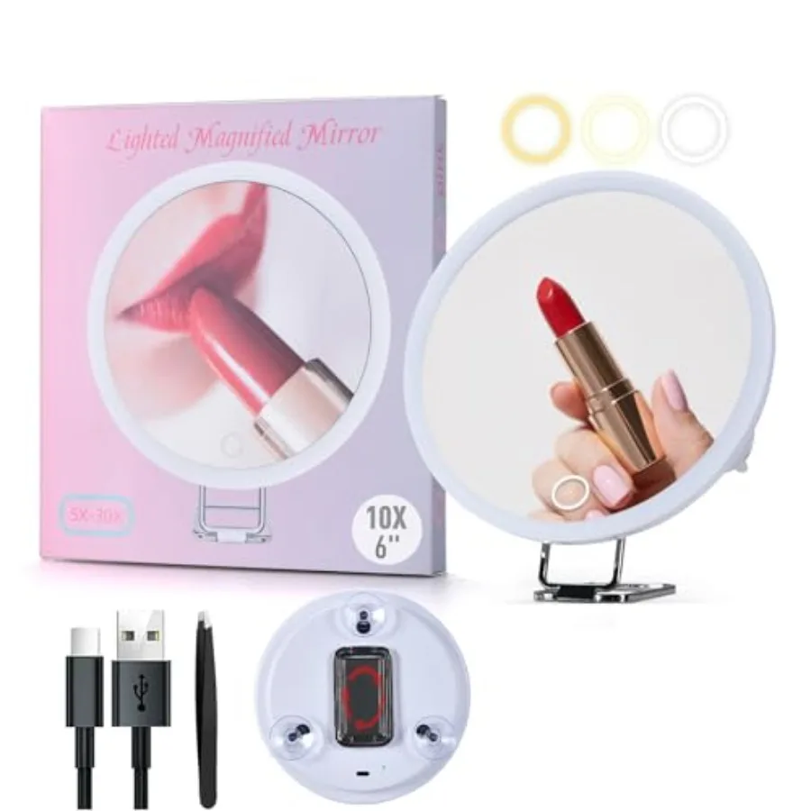 6" 10x Magnifying Mirror with Light Suction Cup, Led Close up Makeup Mirror with 360° Stand, 3 Color Lighted Personal Mirror 10
6" 10x Magnifying Mirror with Light Suction Cup, Led Close up Makeup Mirror with 360° Stand, 3 Color Lighted Personal Mirror 10